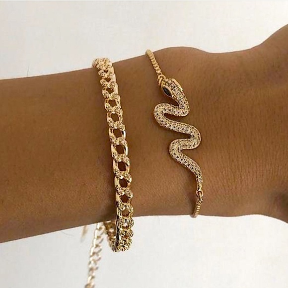 n/a Jewelry - Gold Chain Snake Bangle Bracelet Set 2pc